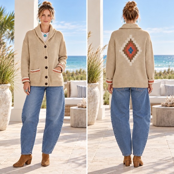 Pendleton Sweaters - Pendleton Cardigan Tan Aztec Sweater Cotton Shawl Collar Southwestern Western L